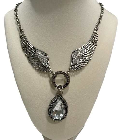 Bling Angel Wings with Faux Diamond Pendant Necklace Silver - Picture 1 of 5